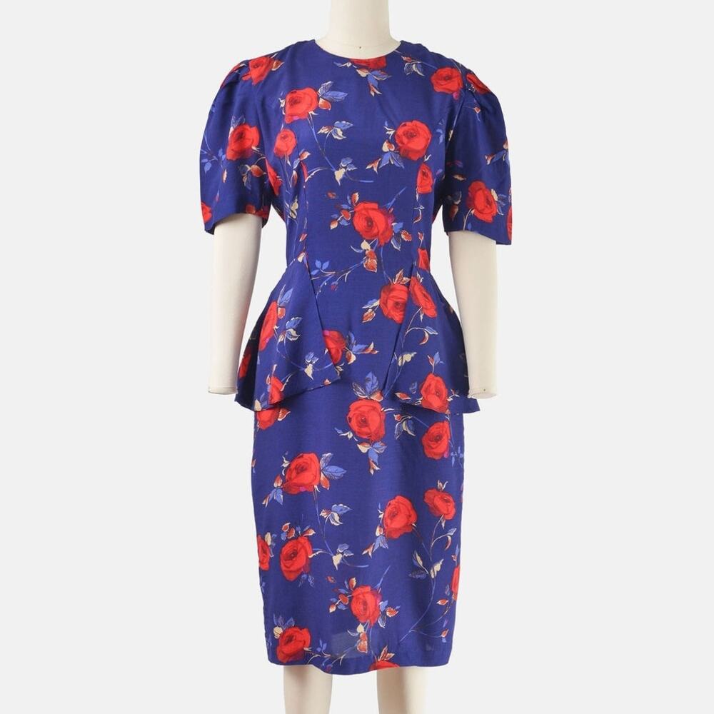 Vintage 80s does 40s Floral Peplum Waist Puff Sleeve Wiggle Pencil Midi Dress S
